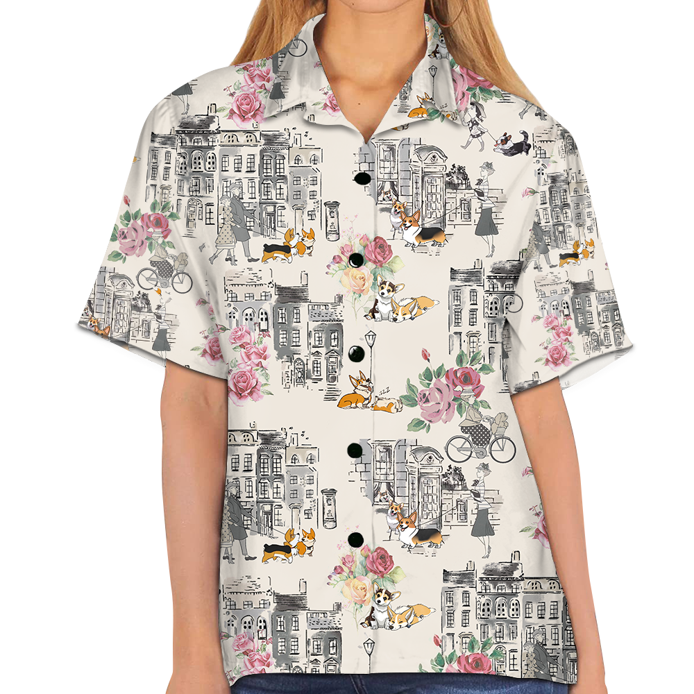 Corgi Walking With Woman In Urban Hawaiian Shirt