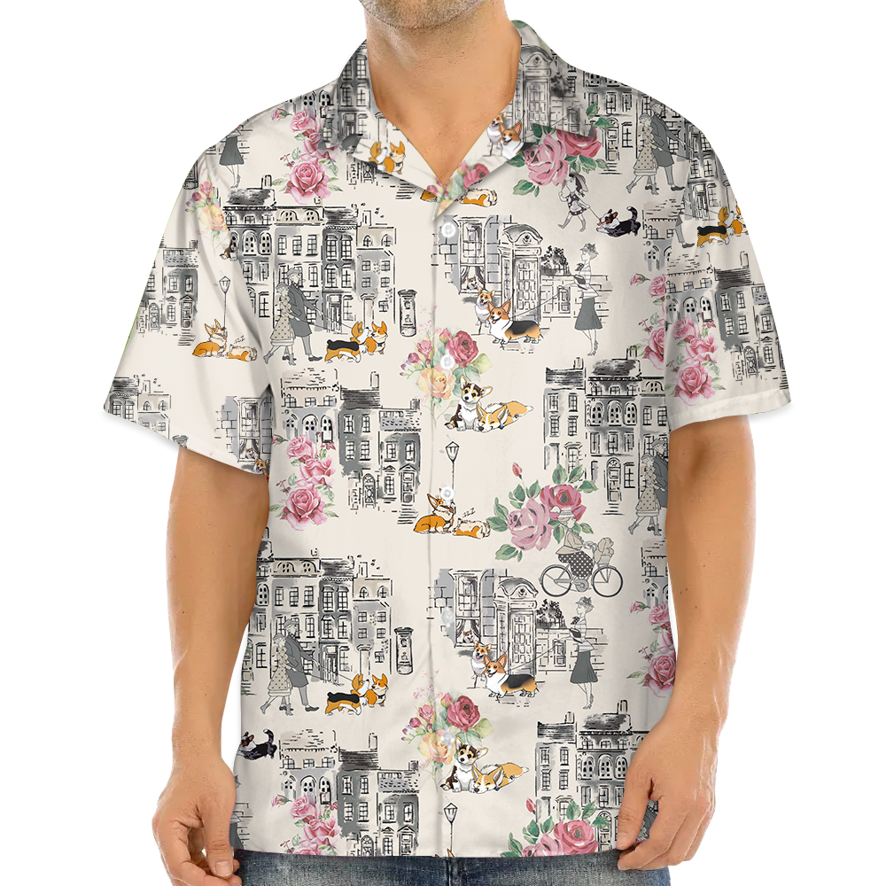 Corgi Walking With Woman In Urban Hawaiian Shirt