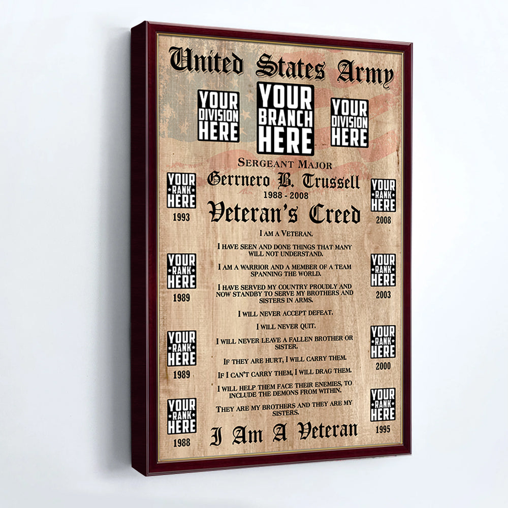 Veterans Creed Personalized Poster Canvas Gift For Veteran Custom Military Rank Record H2511