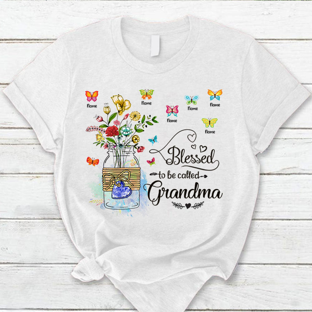 Personalized Blessed To Be Called Grandma Jar Wildflowers & Butterflies Shirts For Grandma