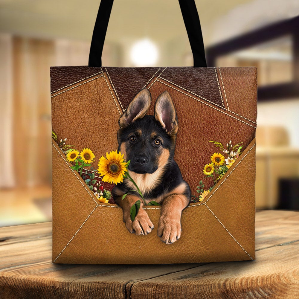 German Shepherd Holding Sunflower Tote Bag Cute German Shepherd Sunflower Leather Pattern Tote Bag
