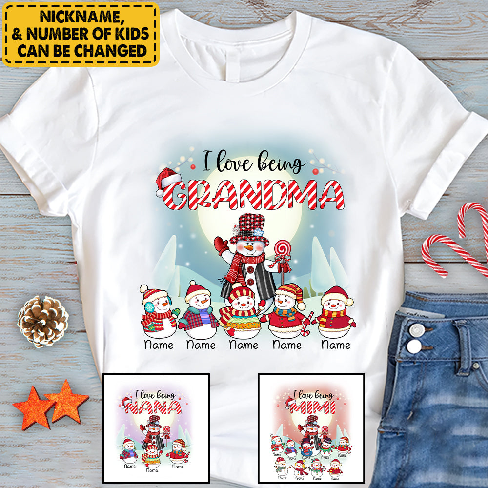 Personalized I Love Being Grandma Snowman Custom Grandkids Christmas Shirt For Grandma Nana