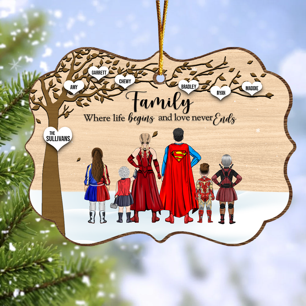 Super Family Where Life Begins and Never Ends Medallion Wooden Christmas Ornament