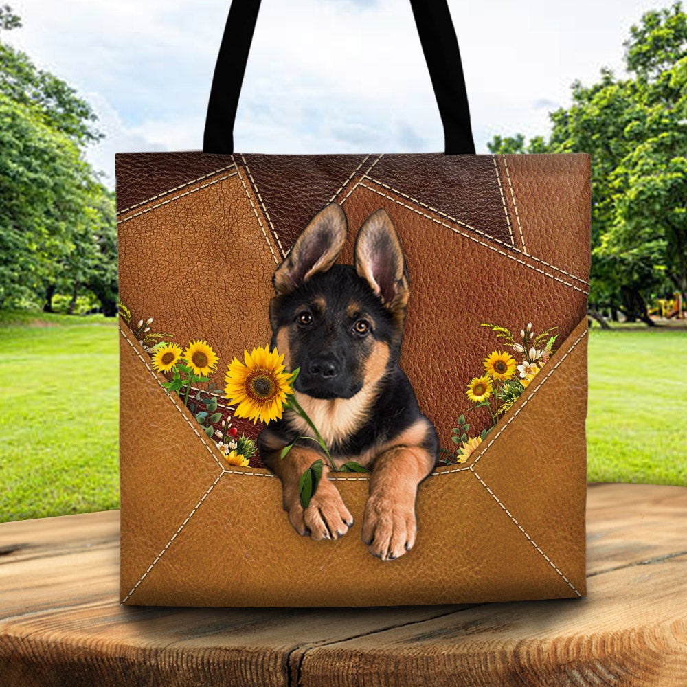 German Shepherd Holding Sunflower Tote Bag Cute German Shepherd Sunflower Leather Pattern Tote Bag
