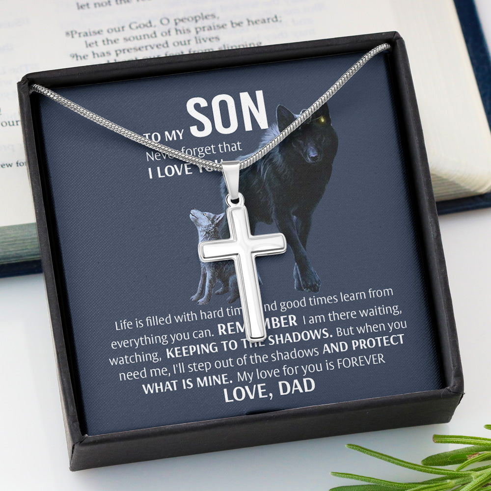 Personalized To My Son Black Wolf Cross Necklace From Dad - Cuban Link Chain Necklace Jewelry Gifts For Son My Love For You Is Forever Pendant