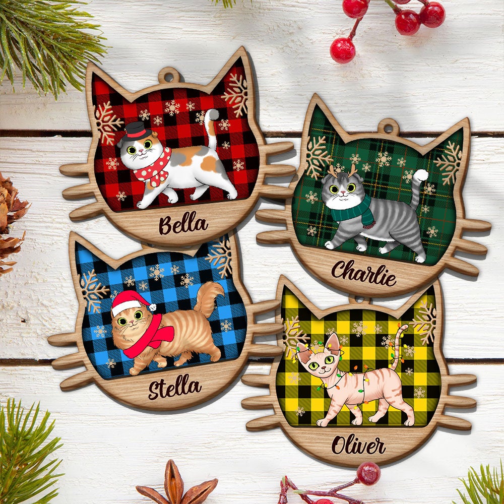 Personalized Ornament Gift For Cat Lovers - Custom Ornaments Gift For Cat Mom - Cat Buffalo Plaid Wood Ornament