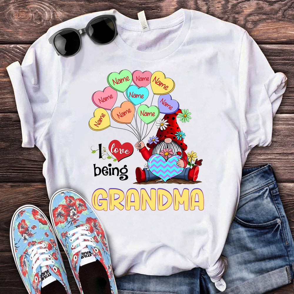 Personalized I Love Being Grandma Gnomes And Balloons Heart T-Shirt Grandma With Grandkids Name Gnomes Valentines Shirt