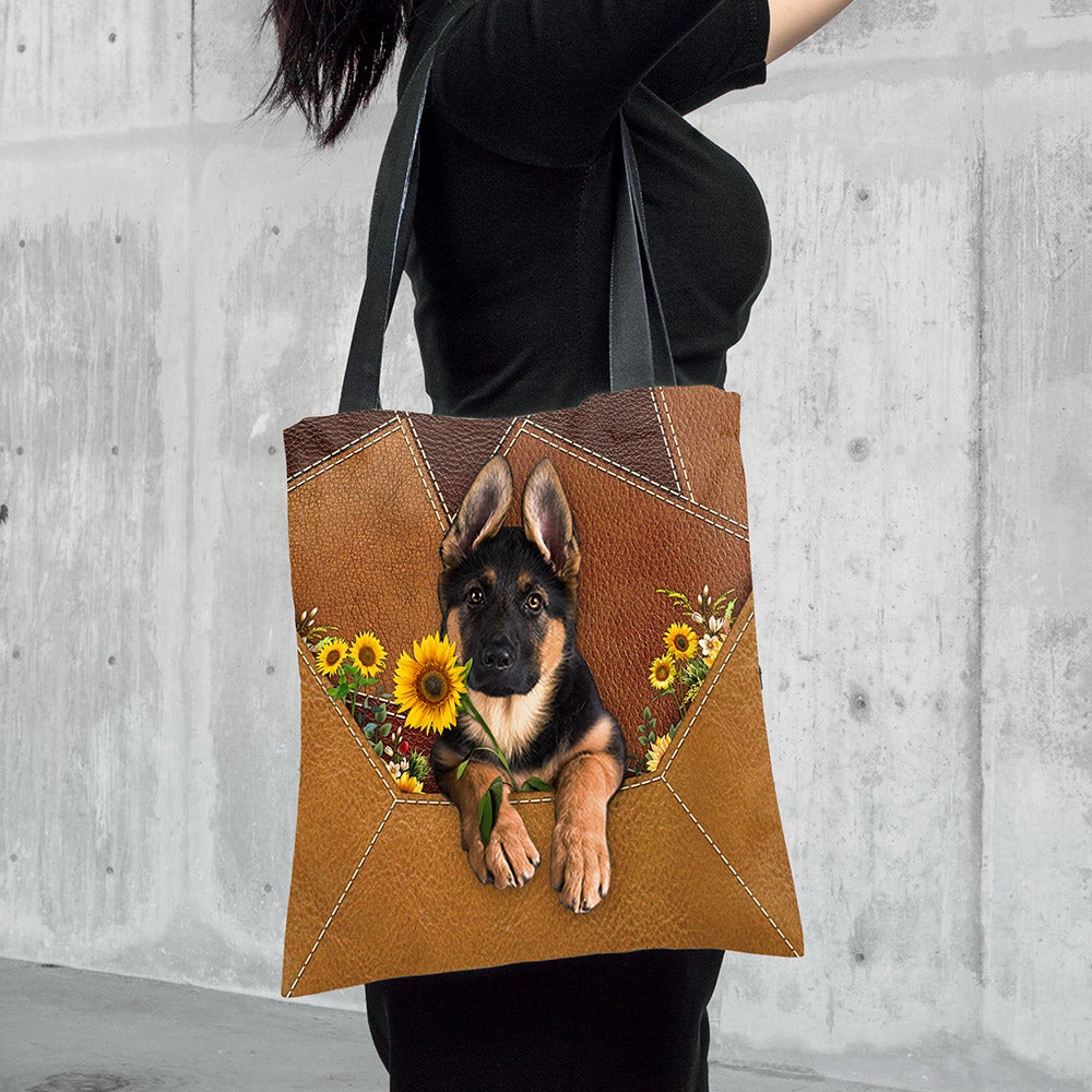 German Shepherd Holding Sunflower Tote Bag Cute German Shepherd Sunflower Leather Pattern Tote Bag