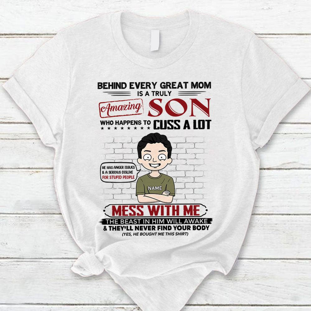 Behind Every Great Mom Is A Truly Amazing Son Personalized T-Shirt For Mom - Funny Birthday Gift For Mom - Gift From Sons