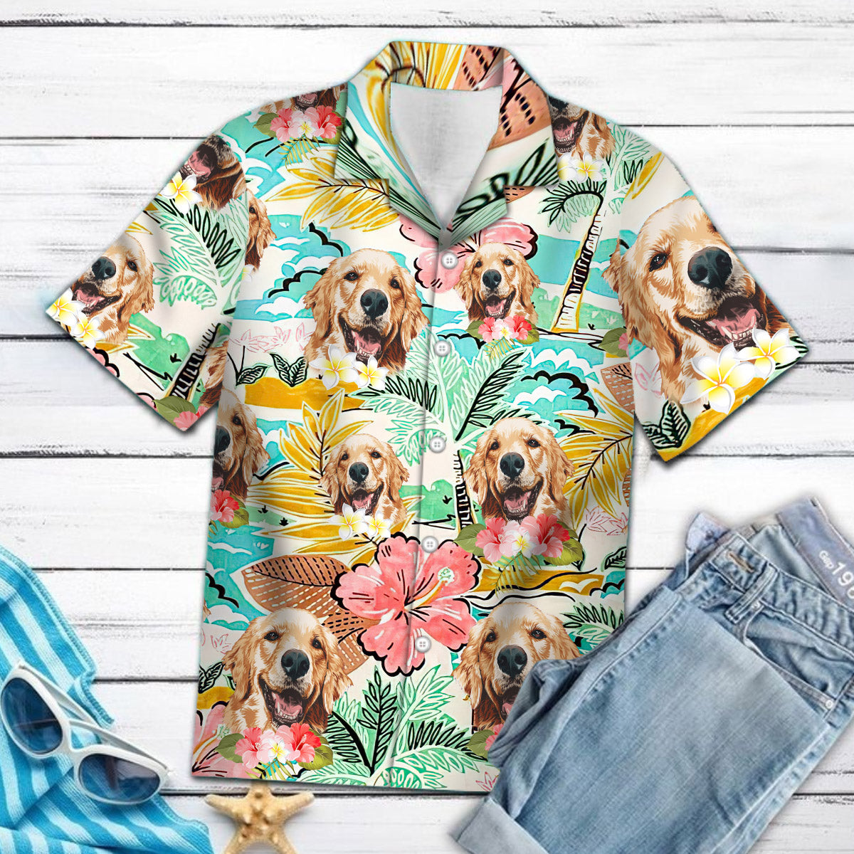 Personalized Golden Retriever Best Dog Dad Ever Tropical Pattern Hawaiian Shirt For Golden Retriever Lover