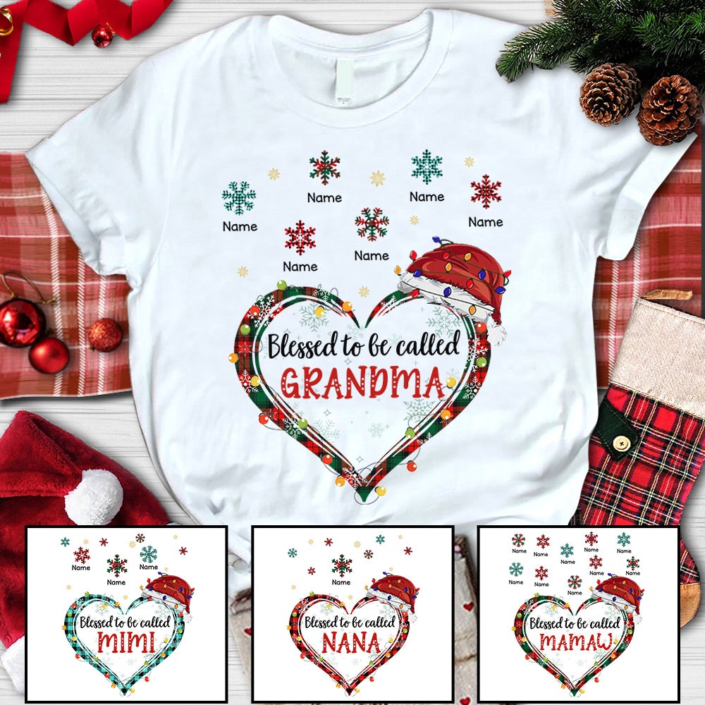 Blessed To Be Called Grandma Heart Flying Snowflakes Shirt Custom Grandma With Grandkids Name Christmas Shirt