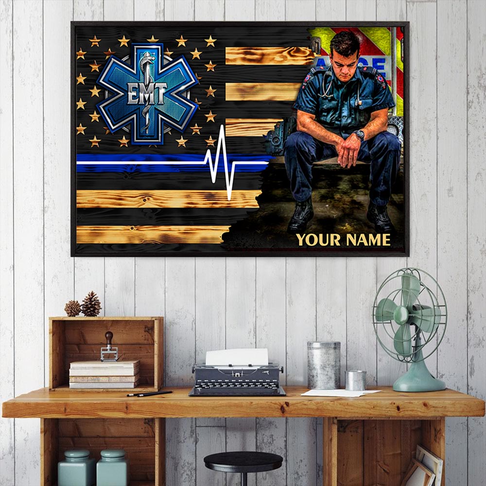 Personalized Poster Canvas For Emt Custom Name Poster Canvas For Emt Half Thin Blue Line H2511