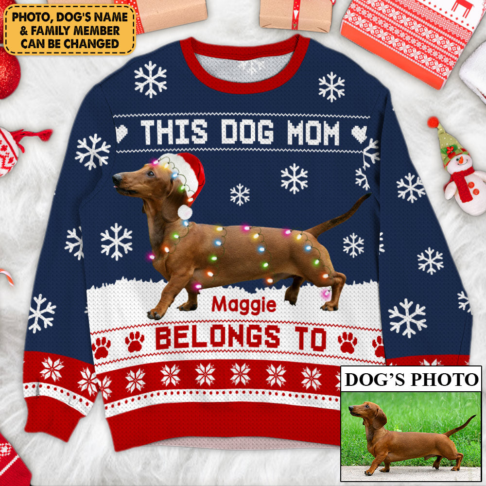 Custom Personalized Christmas Pet Mom Dad Ugly Sweater - Upload Photo - Christmas Gift Idea For Dog Cat Lovers - This Dog Mom Dog Dad Belongs To