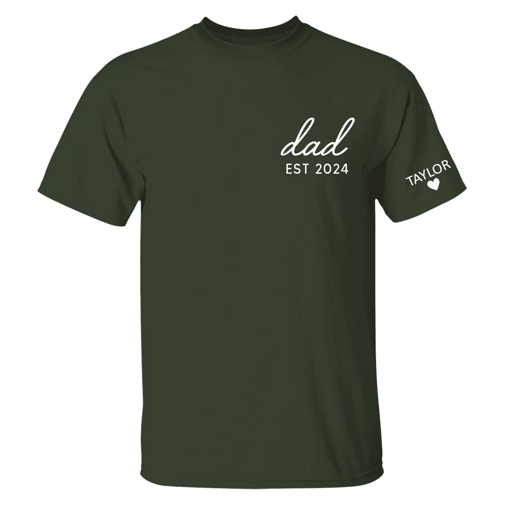 Personalized Dad Est Year T-shirt, Custom Children Names On Sleeve Shirt, Dada Est 2024 2024, Father's Day Gift, New Papa