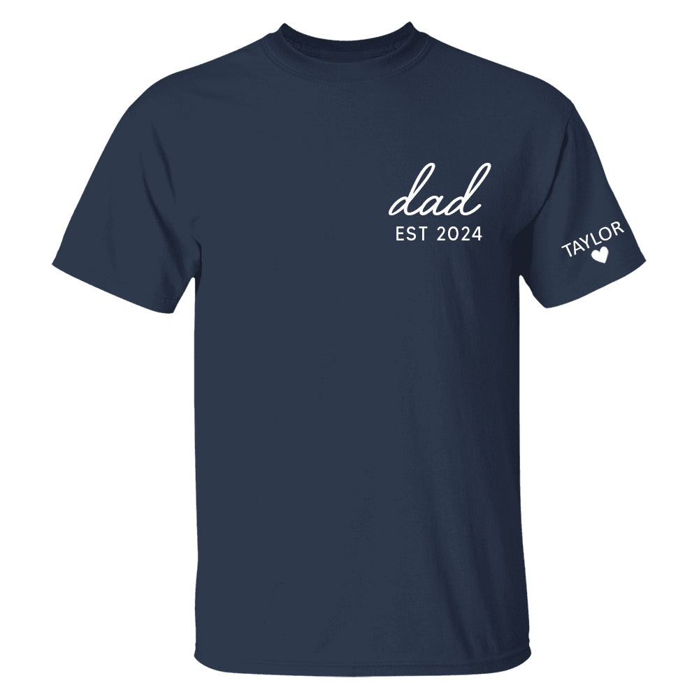Personalized Dad Est Year T-shirt, Custom Children Names On Sleeve Shirt, Dada Est 2024 2024, Father's Day Gift, New Papa