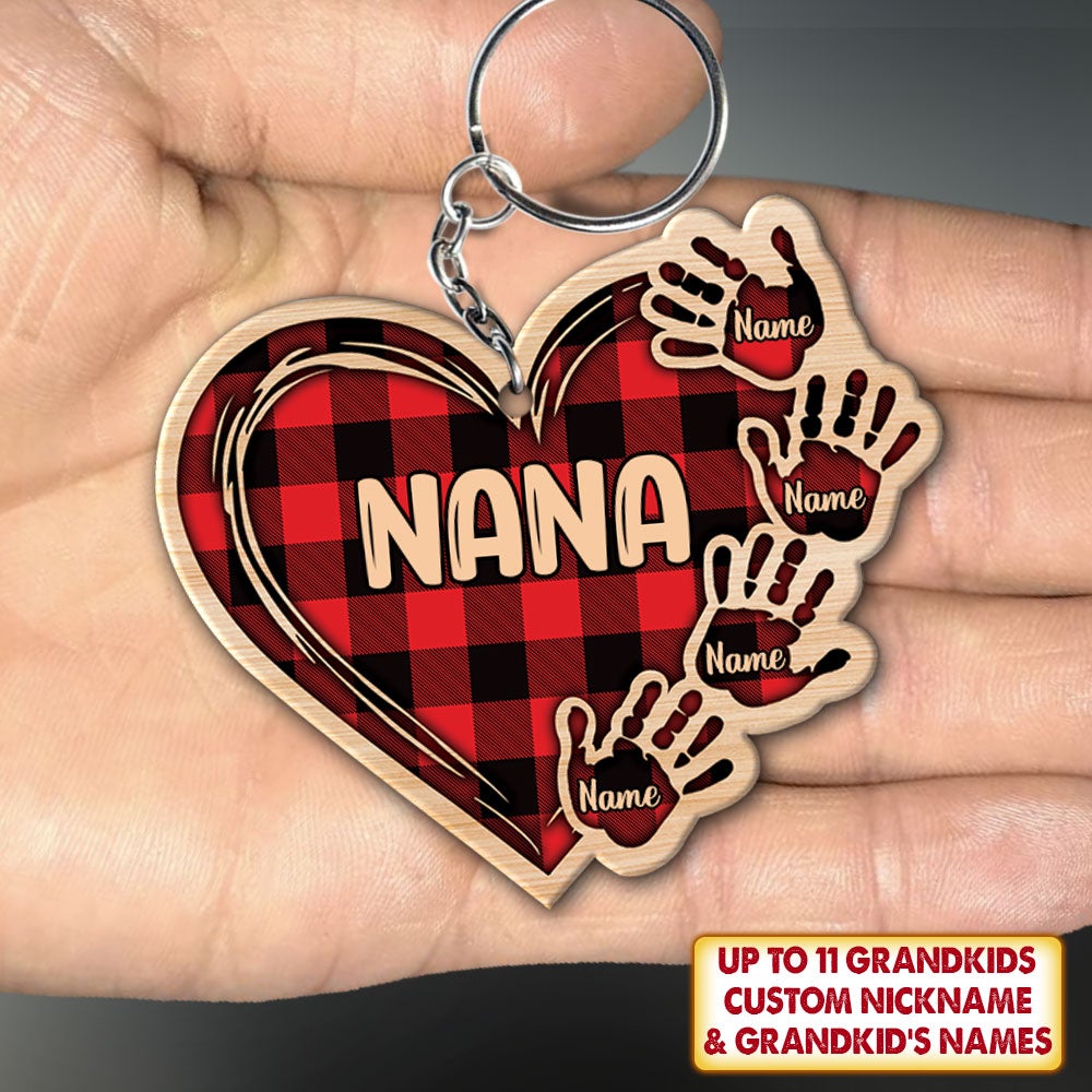 Personalized Grandma Heart Handprints Red Plaid Keychain Grandma With Grandkids Name Handprints Keychain