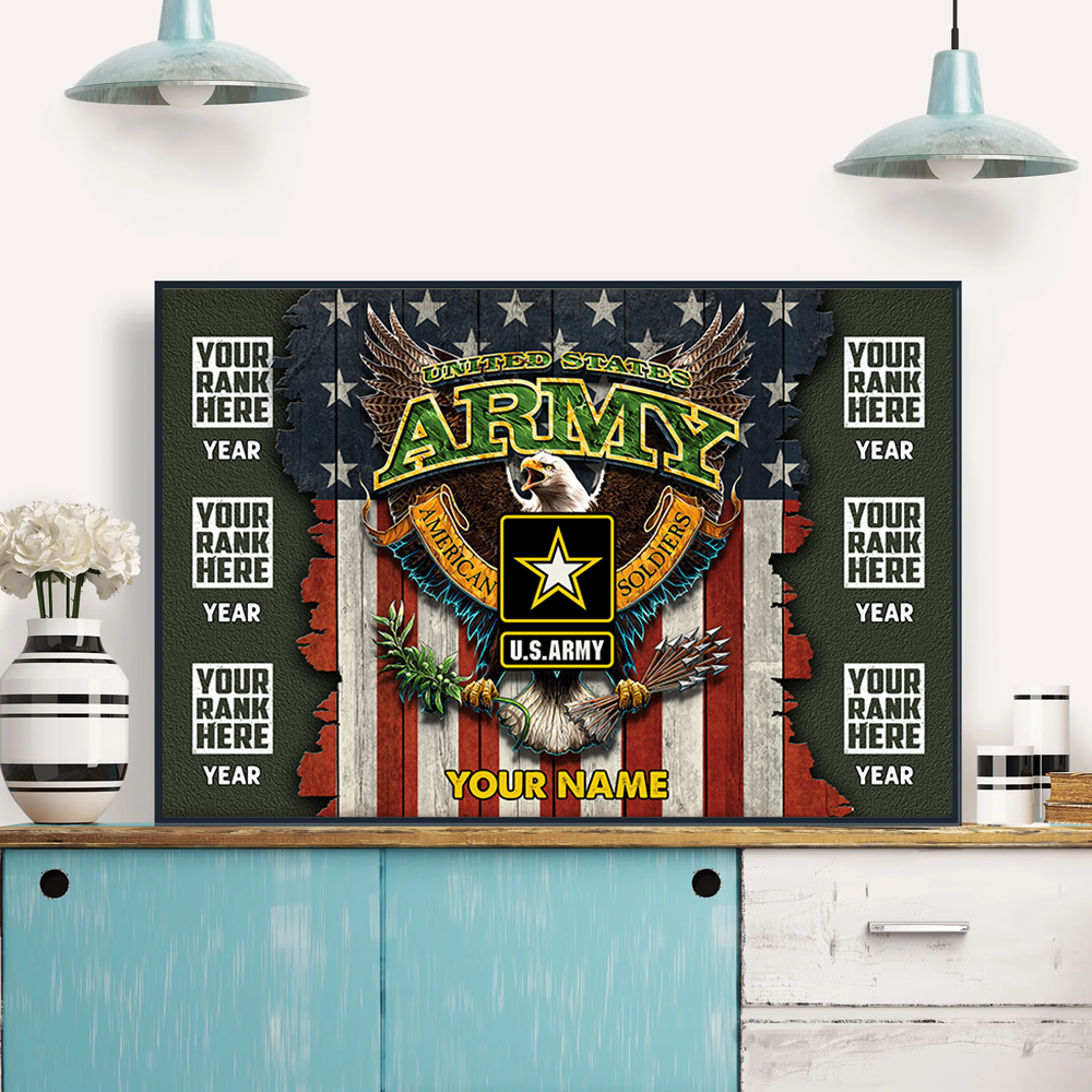 Personalized Canvas USA Flag With Military Branch Personalized Name & Ranks K1702