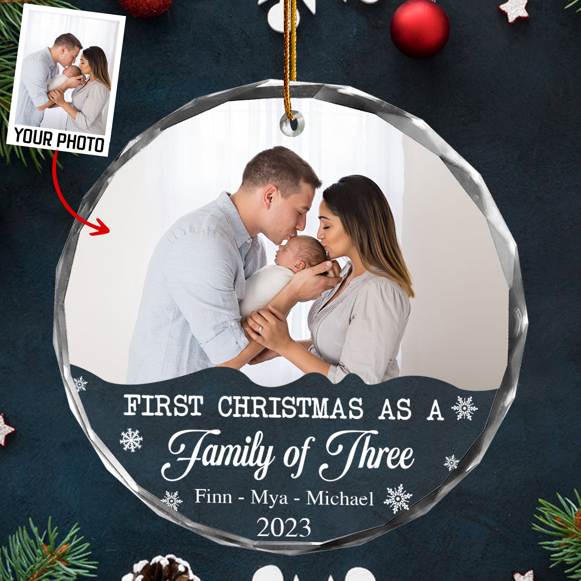Personalized Family Photo Ornament - First Christmas As A Family of Three, Gift For Parents
