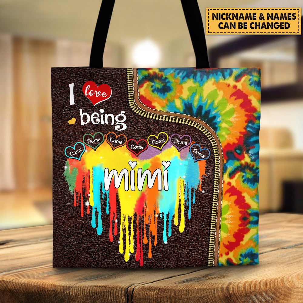 Personalized I Love Being Mimi Colorful Heart Tie-Dye Pattern Tote Bag For Grandma