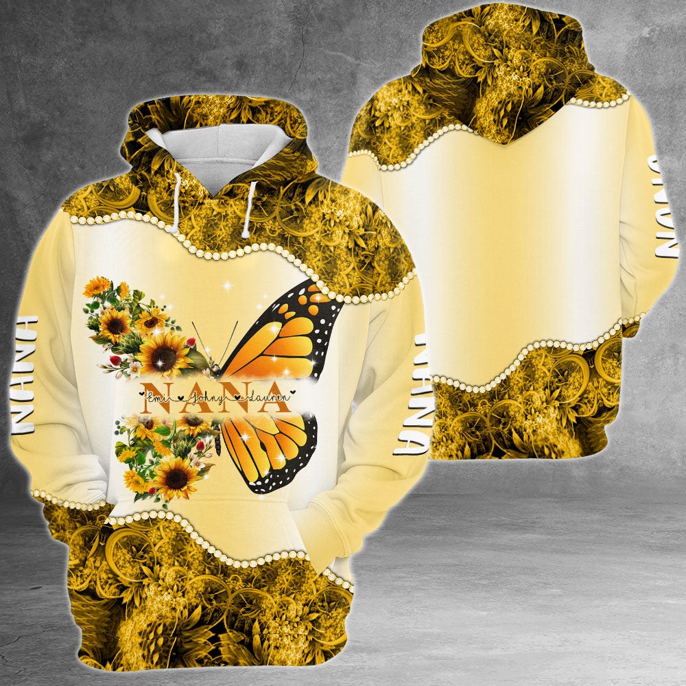 Personalized Nana Butterfly Sunflower 3D Shirt Nana With Grandkids Name Sunflower 3D All Over Print Shirt Hoodie Zip Hoodie