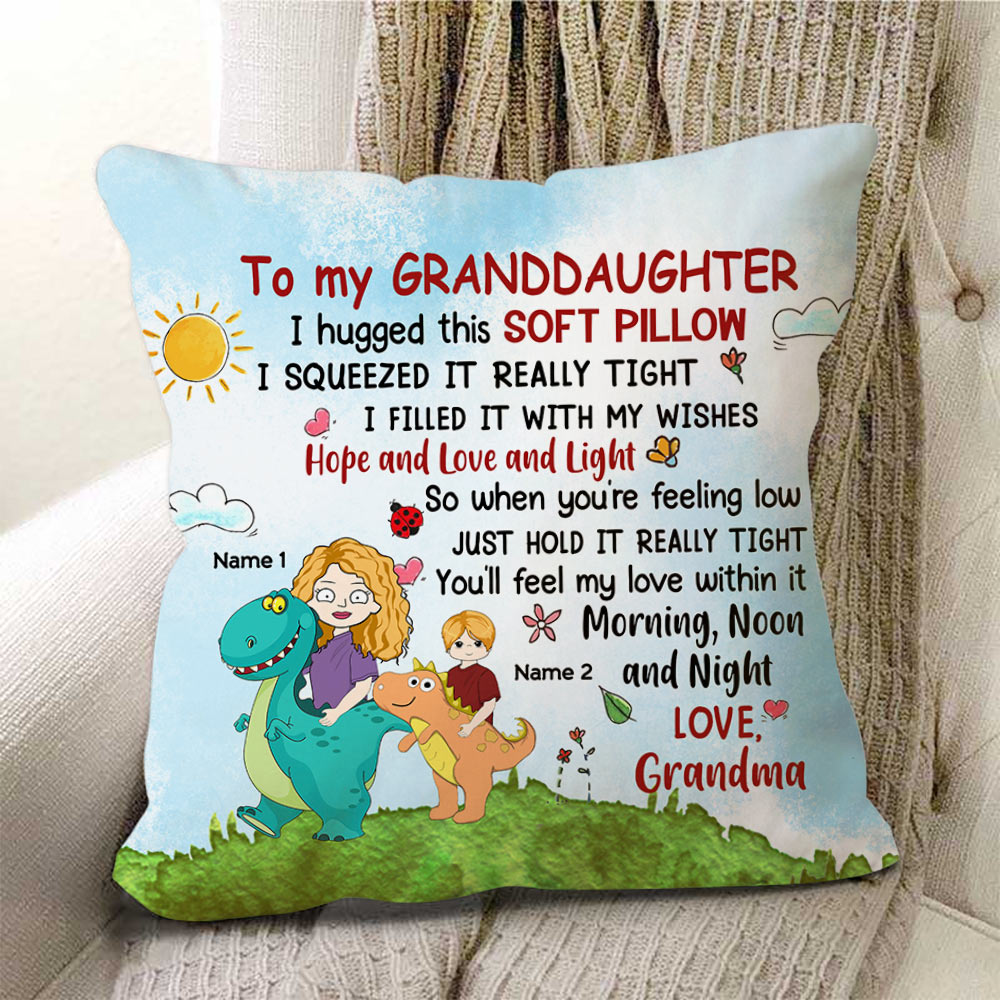 Personalized To My Grandson And Granddaughter I Hugged This Soft Pillow Cute Dinosaurus Pillowr For Grandkids From Grandma
