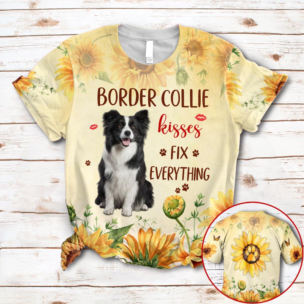 Personalized Border Collie Kisses Fix Everything Sunflower Background Pattern All Over Print Shirts 3D Hoodie For Dog Mom Dog Lovers