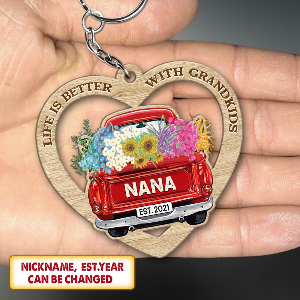 Personalized Grandma Nana Car Flower Wood Keychain Life Is Better With Grandkids Nana Est Wood Keychain