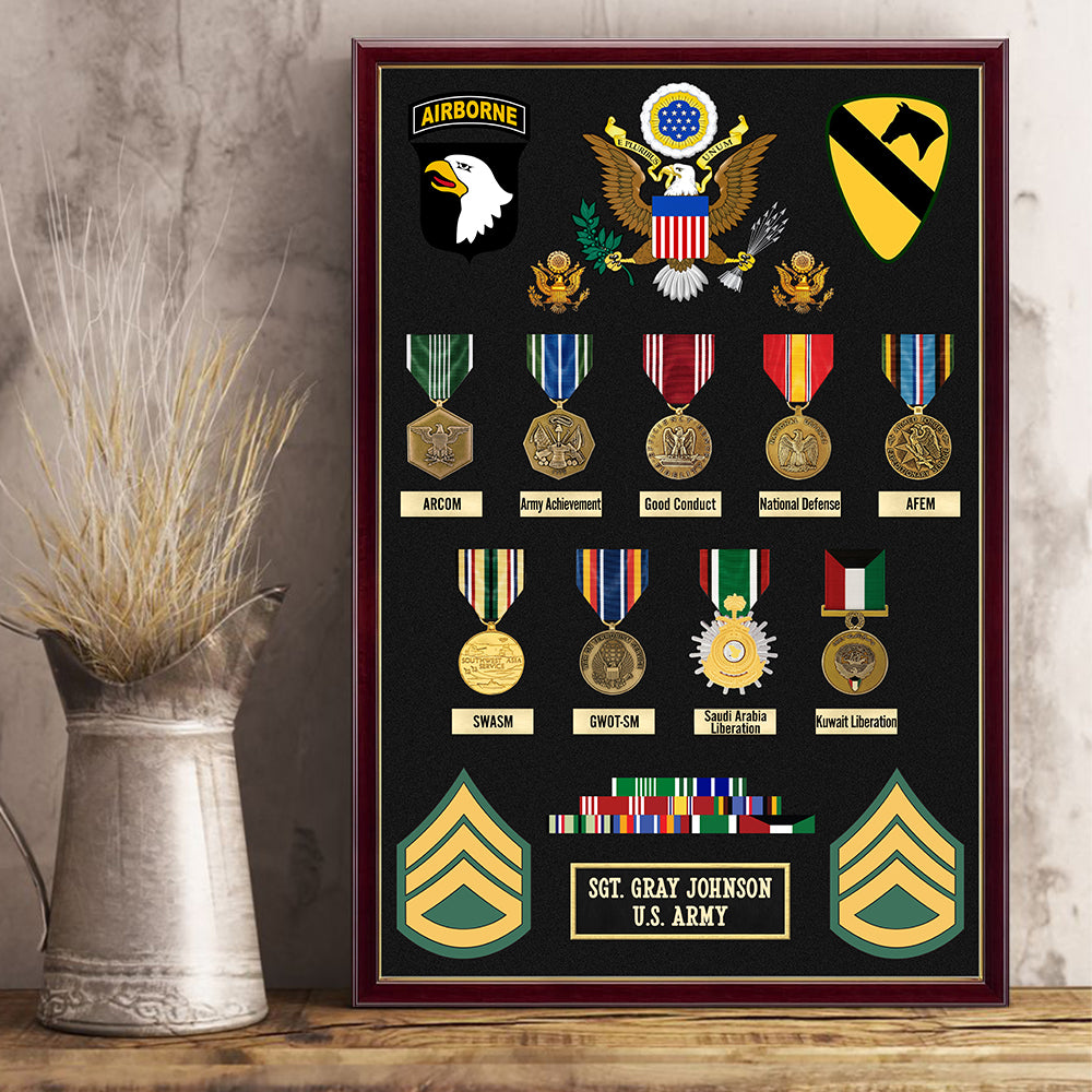 Military Shadow Boxes Personalized Poster Canvas For Veteran Custom Medals Ribbons Rank Division Gift For Veteran Dad Grandpa H2511