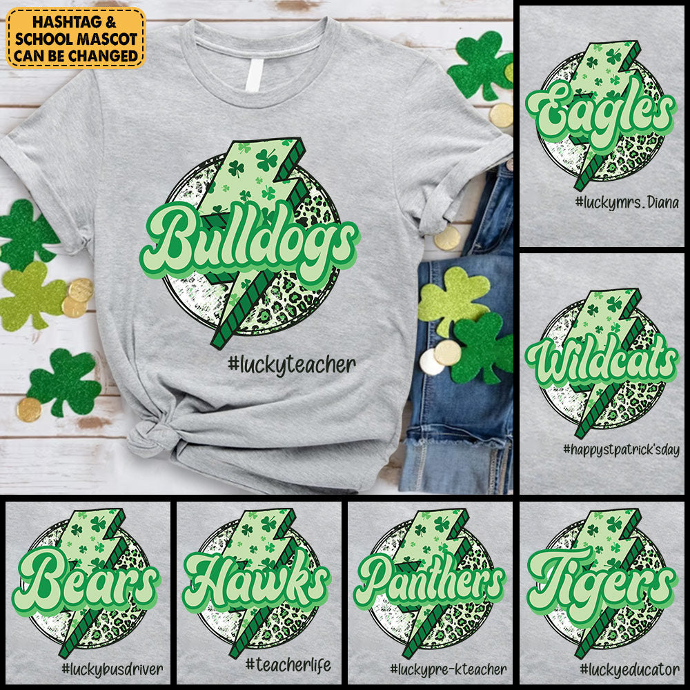 Personalized School Mascot Custom Shirt St. Patrick's Day - Lucky Green Leopard And Lightning Bolt Teacher Shirt