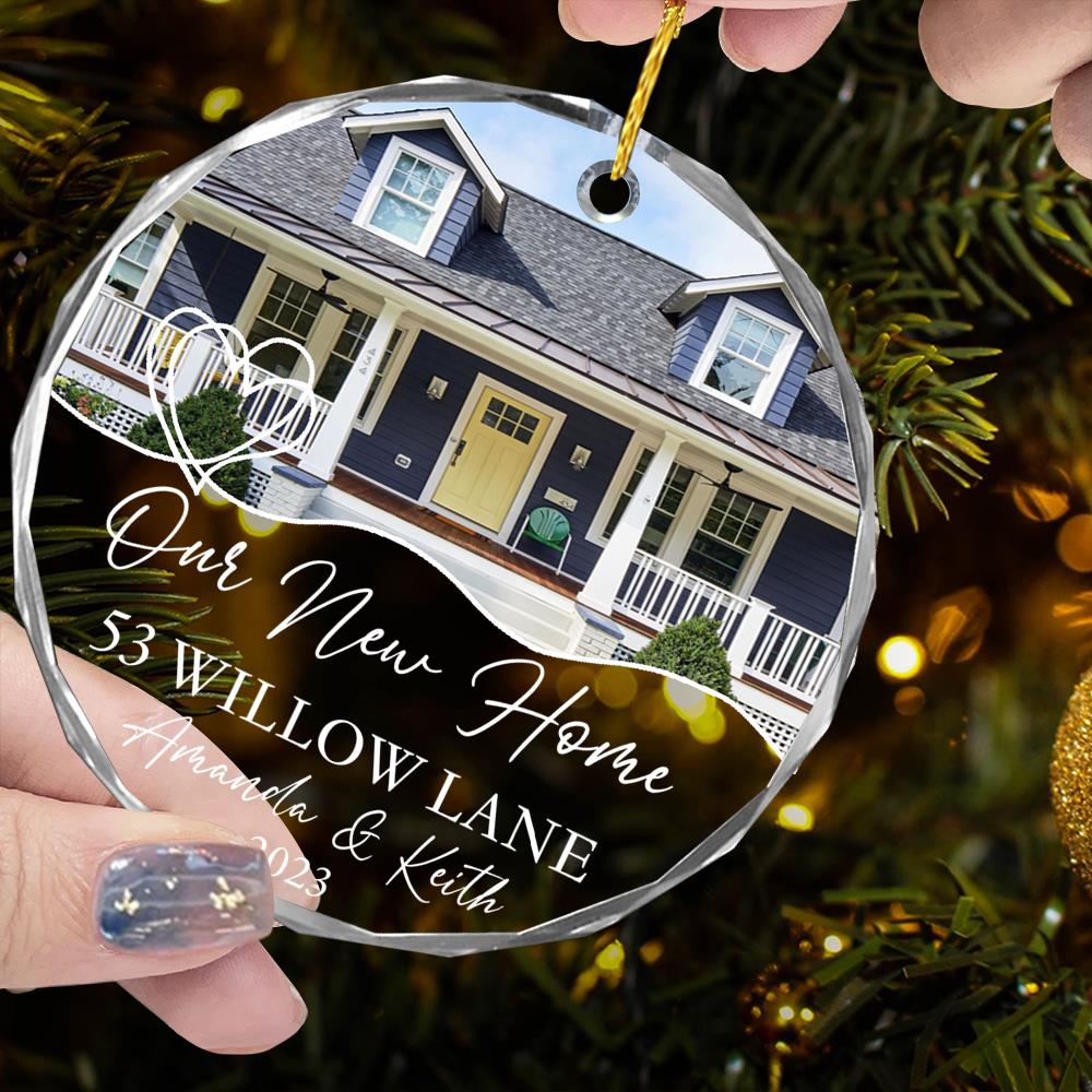 Luxury Ornament New Home Photo, Custom House Address Ornament, Housewarming Gift, Realtor Client Gift, Couples Home Personalized Glass Ornament