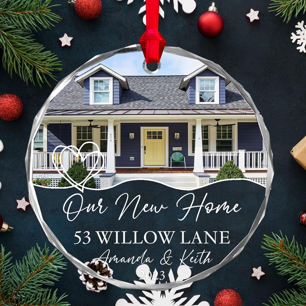 Luxury Ornament New Home Photo, Custom House Address Ornament, Housewarming Gift, Realtor Client Gift, Couples Home Personalized Glass Ornament