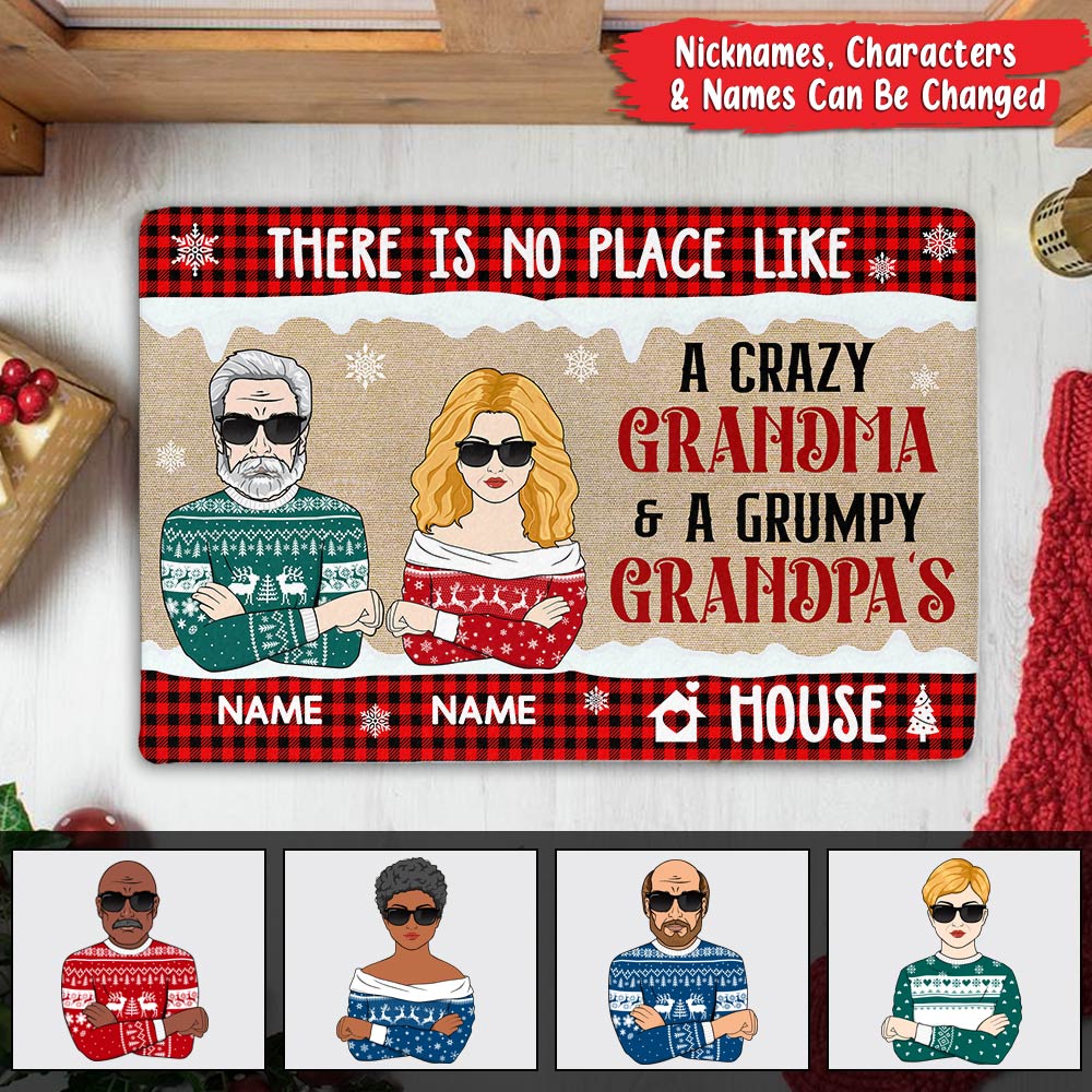 Personalized Grandparents Doormat There Is No Place Like A Crazy Grandma And A Grumpy Grandpa's House Christmas Doormat
