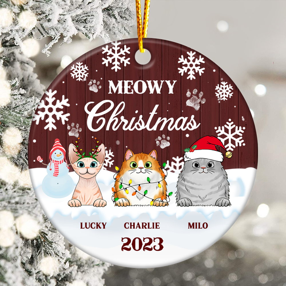 Meowy Christmas - Christmas Gift For Cat Lovers - Personalized Custom Circle Ceramic Ornament Ceramic