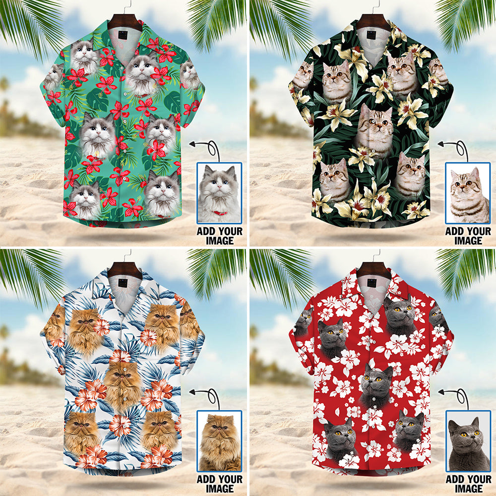 Personalized Hawaiian Custom Leaves & Flowers Pattern With Cat Photo Hawaiian Shirt Aloha Shirt For Cat Lovers Hk10