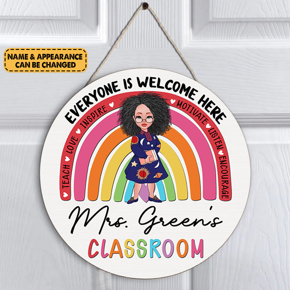 Personalized Classroom Door Sign For Teacher - Everyone Is Welcome Here, Teacher Welcome Round Wooden