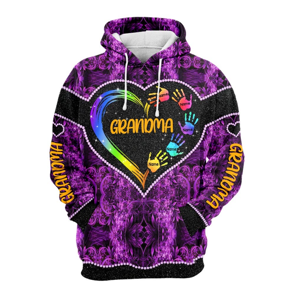 Personalized Grandma Heart And Hand Colofull 3D Shirt Grandma With Grandkids Name Hand Colorful 3D All Over Print Shirt Hoodie Zip Hoodie