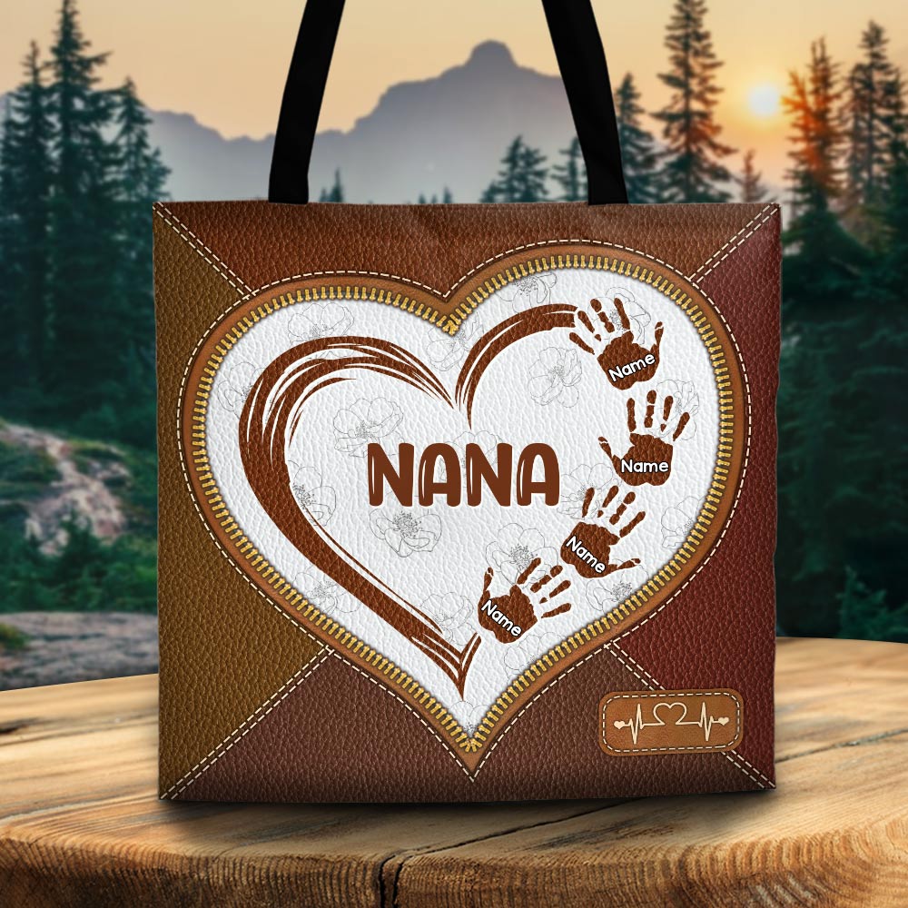 Grandma Heart With Handprints Printed Leather Pattern Personalized Tote Bag For Grandma