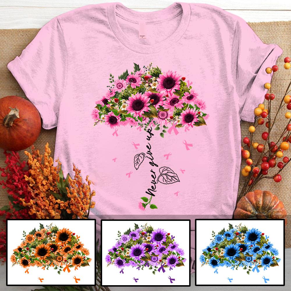 Personalized Never Give Up Cancer Shirts, Breast Cancer Awareness Sunflower Shirts.