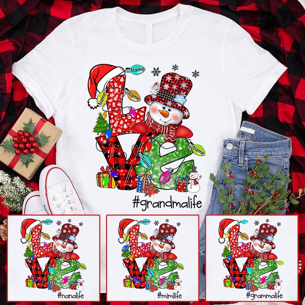 Personalized Love Grandmalife Snowman Christmas Shirt Grandma With Grandkids Name Light Christmas Shirt