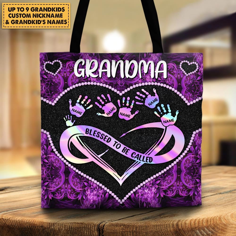 Personalized Blessed To Be Called Grandma Infinity Heart Handprints Tote Bag Grandma With Grandkids Name Tote Bag