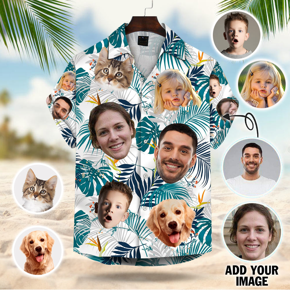 Custom Hawaiian Shirt With Multiple Faces Dog Cat Face Leaves & Flowers Gift For Family Hawaiian Shirt For Men Women Personalized Aloha Shirt