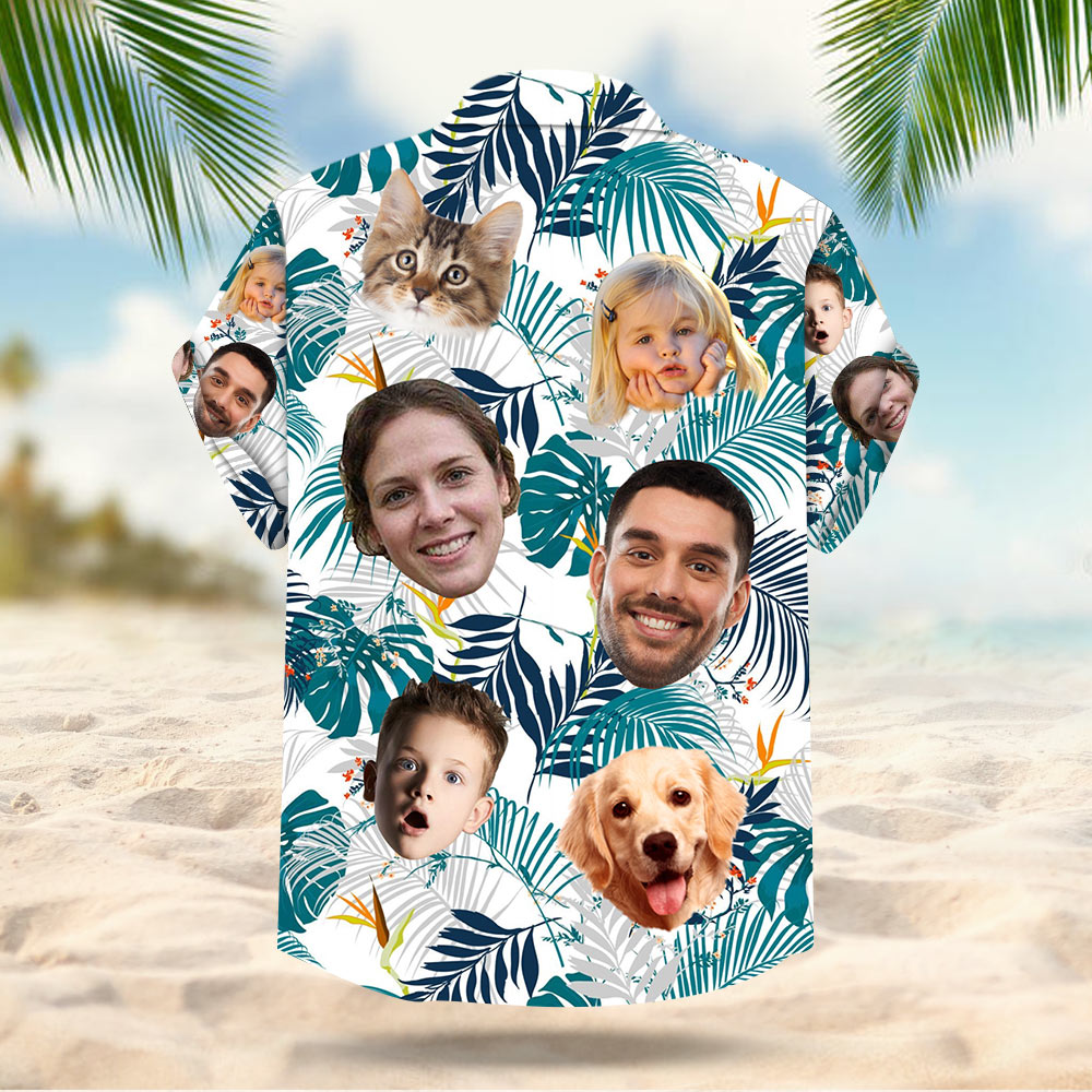 Custom Hawaiian Shirt With Multiple Faces Dog Cat Face Leaves & Flowers Gift For Family Hawaiian Shirt For Men Women Personalized Aloha Shirt