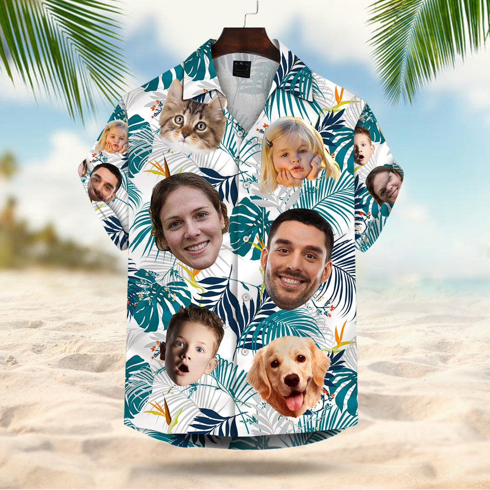 Custom Hawaiian Shirt With Multiple Faces Dog Cat Face Leaves & Flowers Gift For Family Hawaiian Shirt For Men Women Personalized Aloha Shirt