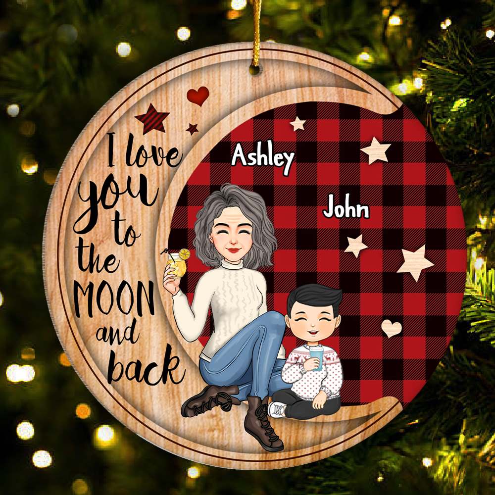 Checkered Pattern Cute Grandma Sitting With Grandkids On Moon Christmas Personalized Wooden Ornament