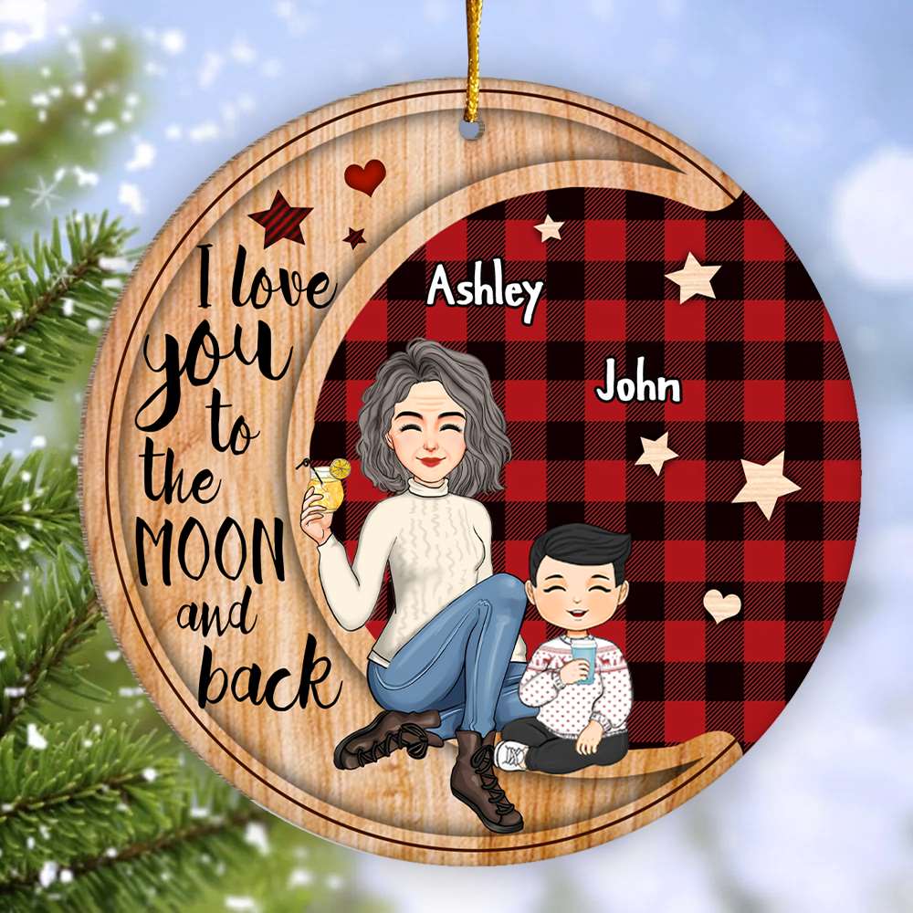 Checkered Pattern Cute Grandma Sitting With Grandkids On Moon Christmas Personalized Wooden Ornament