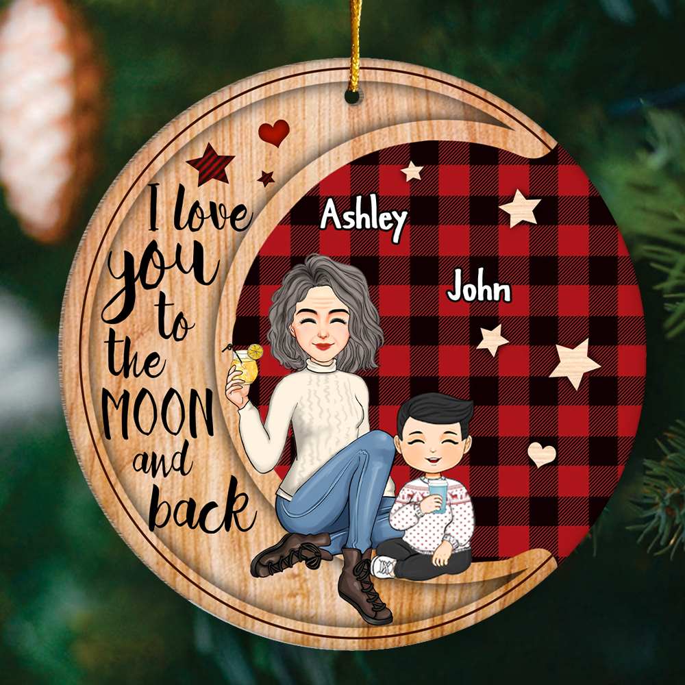 Checkered Pattern Cute Grandma Sitting With Grandkids On Moon Christmas Personalized Wooden Ornament