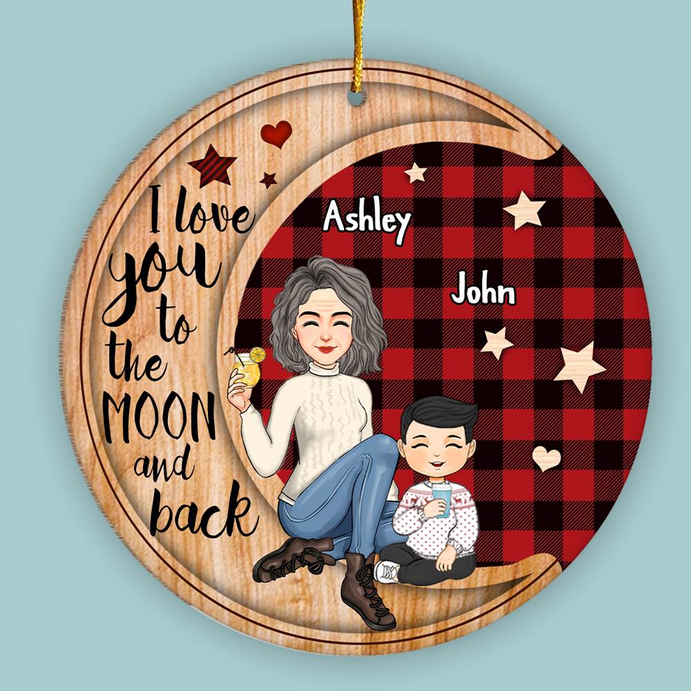 Checkered Pattern Cute Grandma Sitting With Grandkids On Moon Christmas Personalized Wooden Ornament