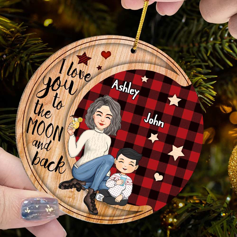 Checkered Pattern Cute Grandma Sitting With Grandkids On Moon Christmas Personalized Wooden Ornament