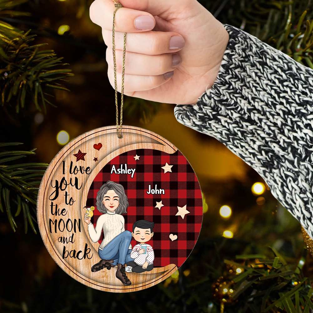 Checkered Pattern Cute Grandma Sitting With Grandkids On Moon Christmas Personalized Wooden Ornament