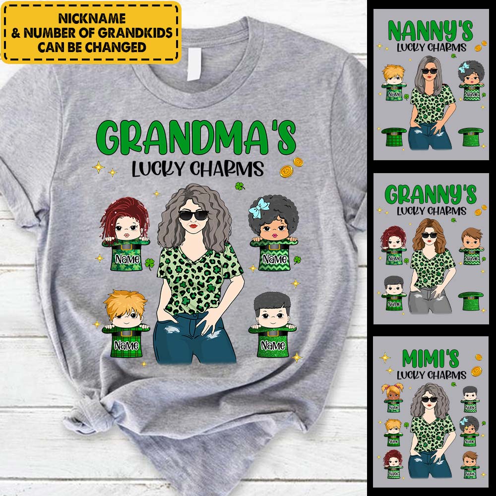 Personalized Grandma's Lucky Charms - Custom St. Patrick's Day Grandma Nana Leopard With Grandkids Shirt